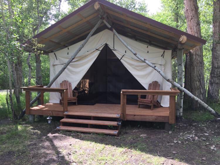 Glamping tent door and porch with stairs 